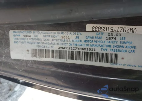 2000 Volkswagen New Beetle Gls from USA, damaged, VIN 3VWCC21C7YM481511